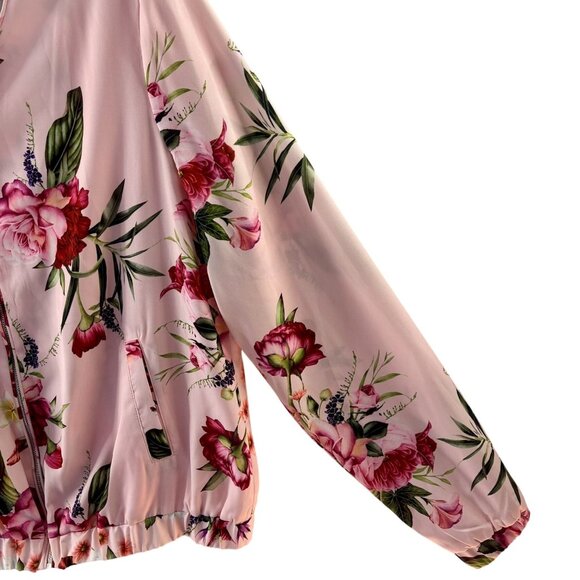 Charlie B Floral Bomber Jacket Pink With Zipper Front & Elastic Hem Lightweight - Picture 7 of 16